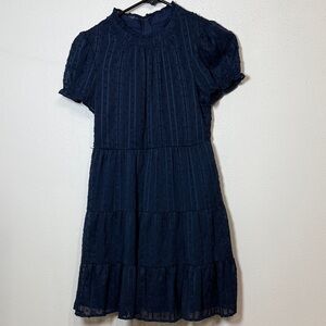 Girls Navy Tiered Lace Dress with High Neck